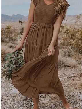 Blu Pepper Brown Tiered Maxi Dress with Smocked Bodice